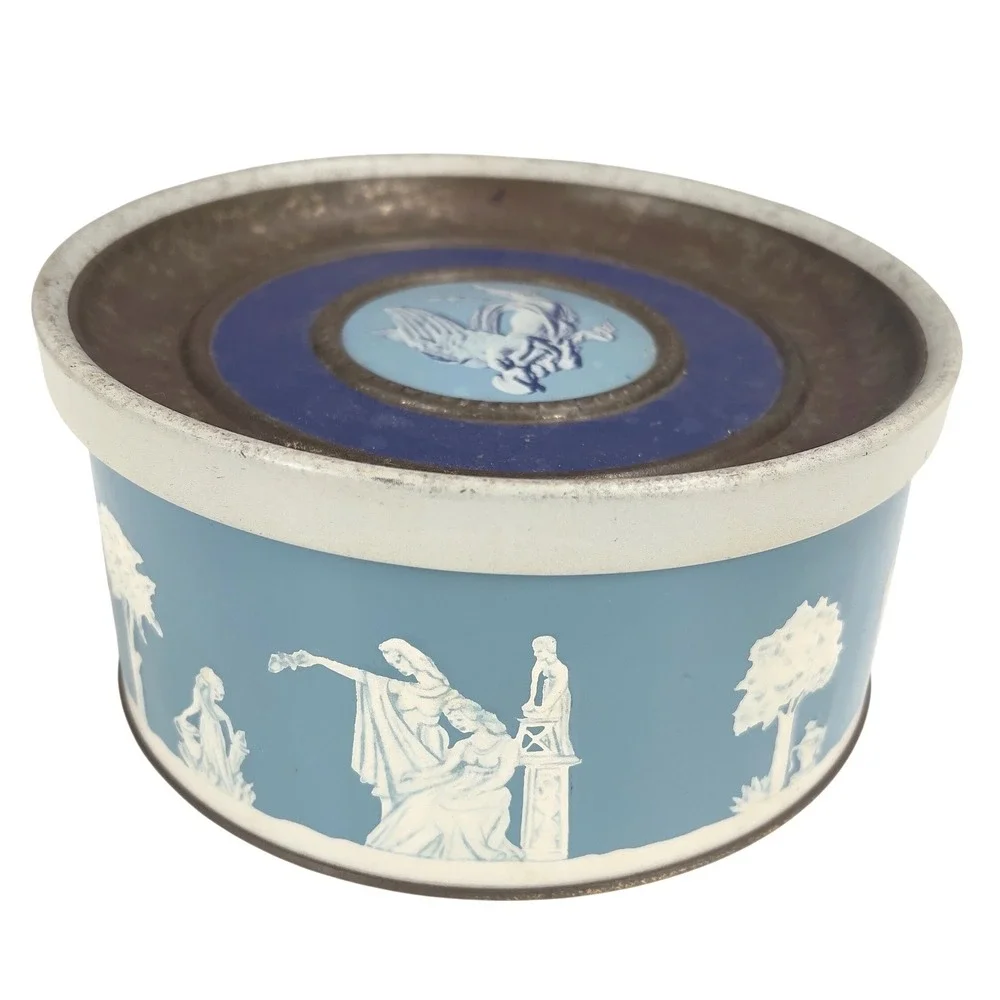 Guildcraft New York Blue Jasperware Style Tin‎ Container Trinket Box Vintage